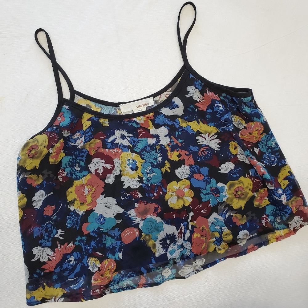 SANS SOUCI Dark floral print flowy spaghetti strap crop top black multic…